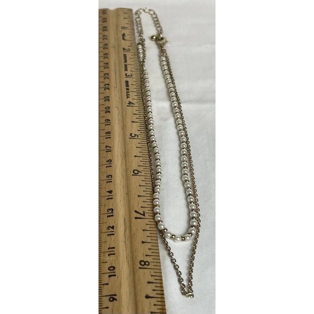 2 Strand Layered Choker Necklace Faux Pearl Gold Tone Cable Chain 12-14" - Picture 7 of 8